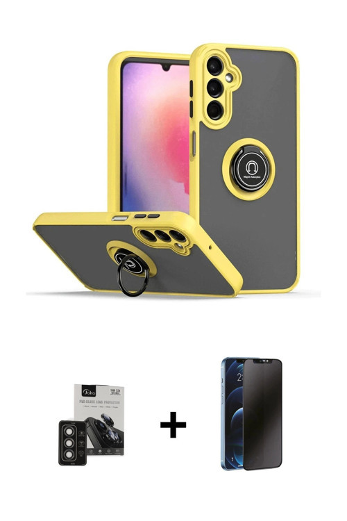 ieg™ Galaxy S24 Kılıf Yörünge Çizgi - Siyah 3D Antistatik Hayalet Cam Ekran Koruyucu + Titan Gri PVD