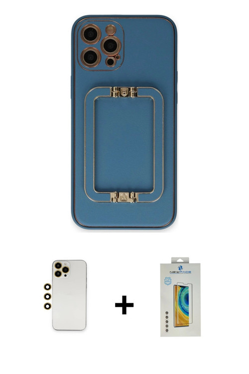 ieg™ iPhone 12 Pro Kılıf Kozmos Minimal Prime - Siyah Polymer Nano Ekran Koruyucu + Gold Shine Kamer