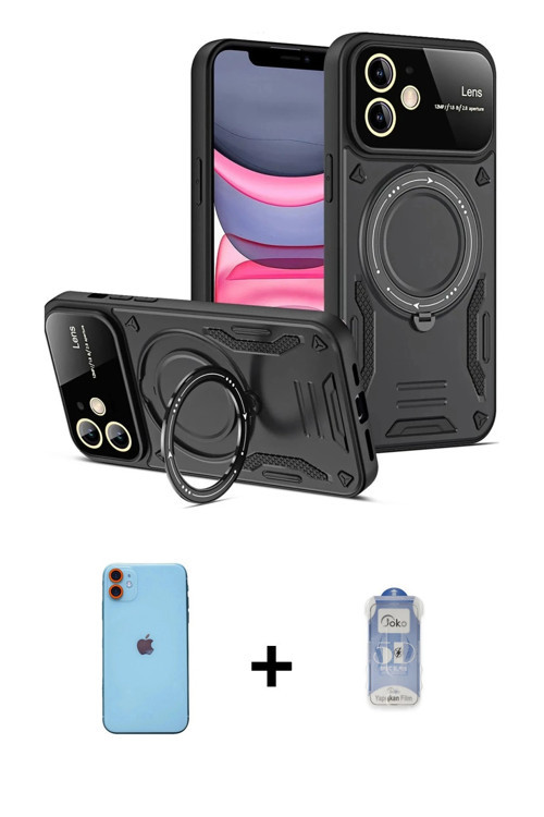 ieg™ iPhone 11 Kılıf Kıvılcım Modern Serisi - Siyah Joko Magic 5D Cam + Turuncu Neon Fosforlu Kamera
