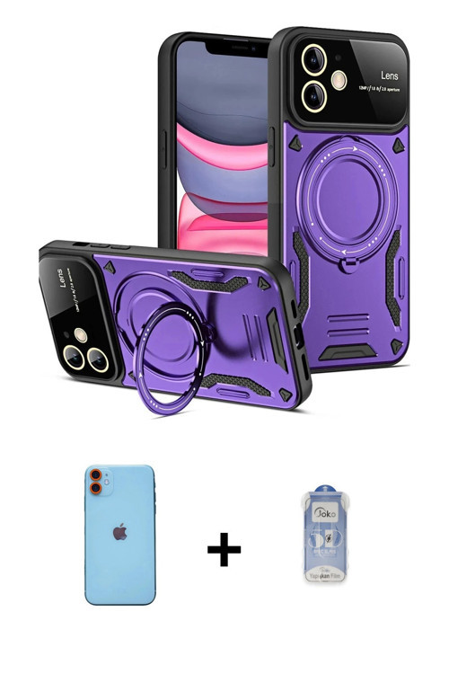 ieg™ iPhone 11 Kılıf Kıvılcım Modern Serisi - Siyah Joko Magic 5D Cam + Turuncu Neon Fosforlu Kamera