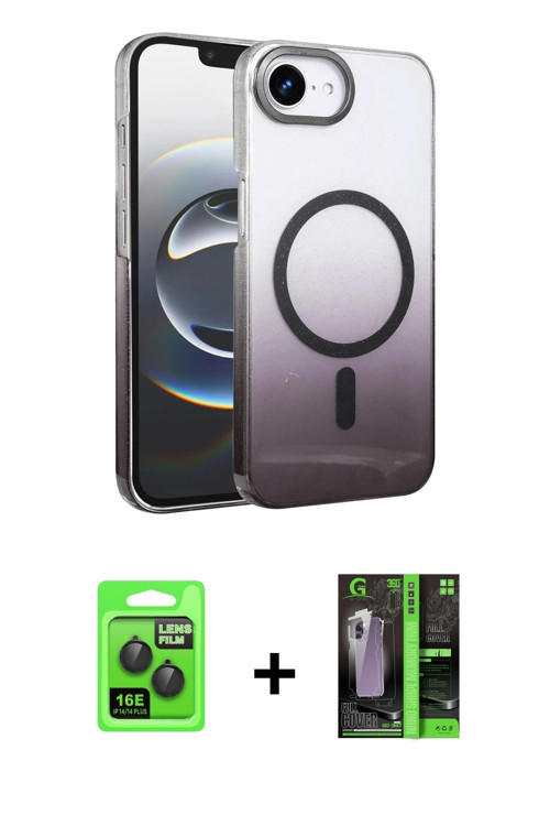 ieg™ iPhone 16E Kılıf Ahenk Doku Özel Seri - Şeffaf 360 Full Body Arka Koruyucu + Siyah Raze Metal K