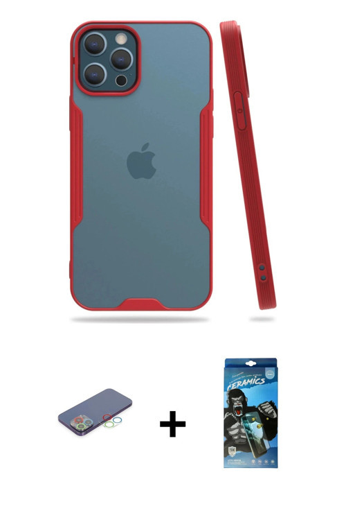 ieg™ iPhone 12 Pro Max Kılıf Atlas Asil Serisi - Siyah 34D Izgaralı Cam + Mavi Renkli Kamera Lens Ko