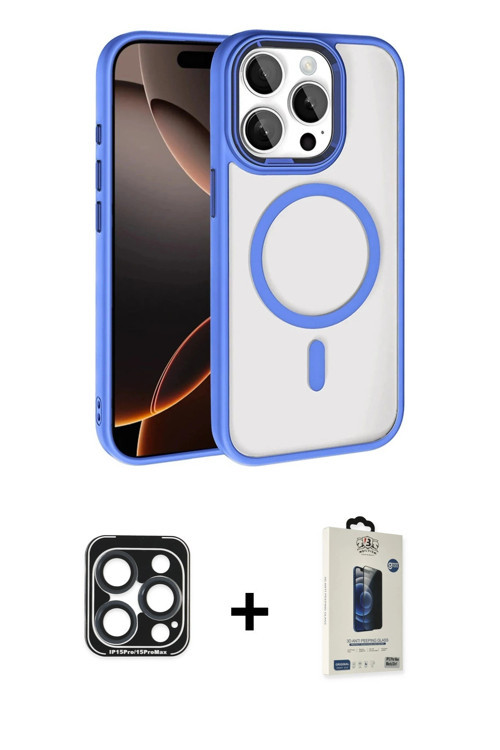 ieg™ iPhone 15 Pro Max Kılıf Kıvılcım Prime - Siyah Bilvis Hayalet Cam Ekran Koruyucu + Lacivert PVD