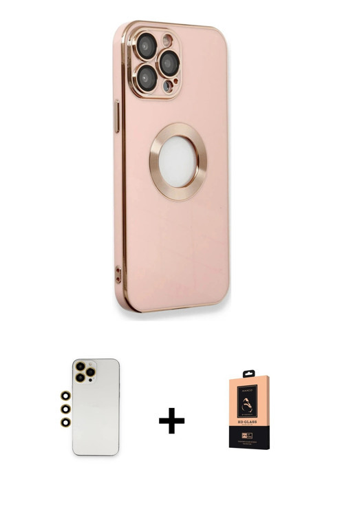 ieg™ iPhone 13 Pro Max Kılıf İz Form Serisi - Şeffaf Maxco Cam Ekran Koruyucu + Gold Shine Kamera Le