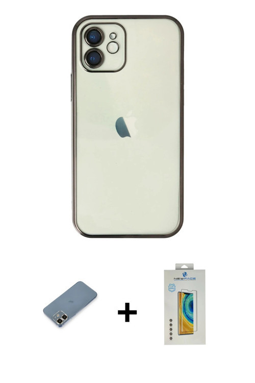 ieg™ iPhone 12 Kılıf Vadi Minimal - Siyah Polymer Nano Ekran Koruyucu + Gold Metal Kamera Lens Korum