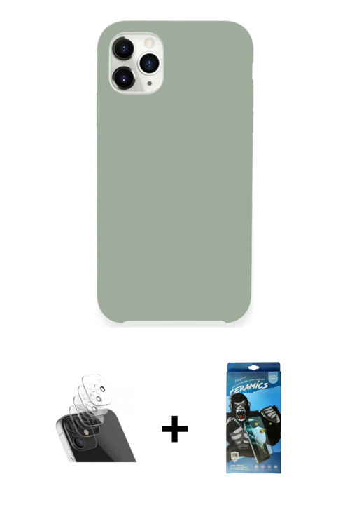 ieg™ iPhone 11 Pro Max Kılıf Zirve Modern Özel Seri - Siyah 34D Izgaralı Cam + Şeffaf Kamera Lens Ko