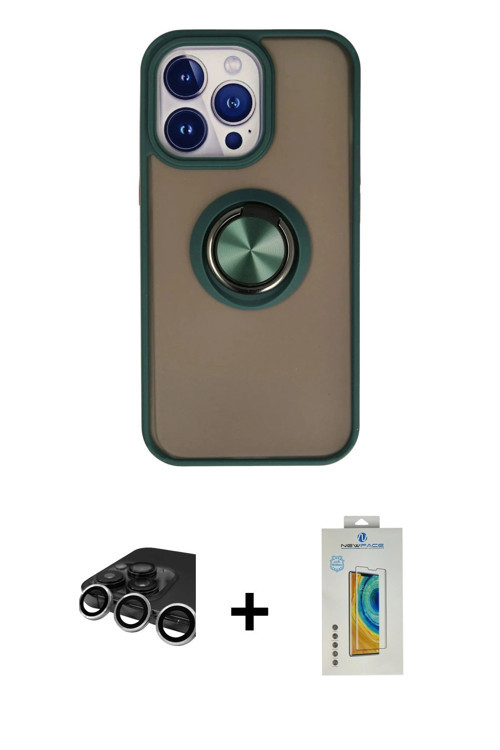 ieg™ iPhone 15 Pro Max Kılıf Yörünge Çizgi - Siyah Polymer Nano Ekran Koruyucu + Gümüş Raze Metal Ka