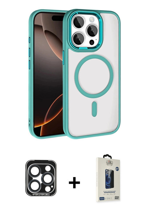 ieg™ iPhone 15 Pro Max Kılıf Kıvılcım Prime - Siyah Bilvis Hayalet Cam Ekran Koruyucu + Lacivert PVD