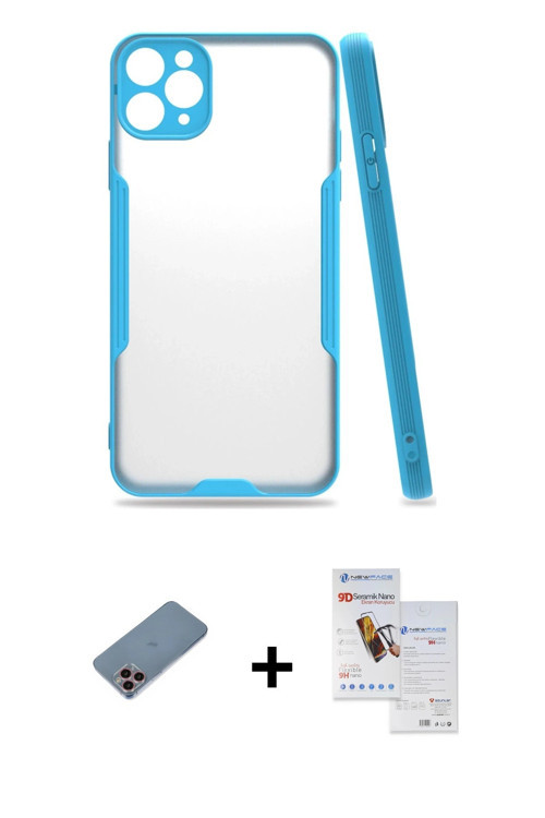 ieg™ iPhone 11 Pro Max Kılıf Atlas Asil Serisi - Siyah Seramik Nano Ekran Koruyucu + Pembe Shine Kam