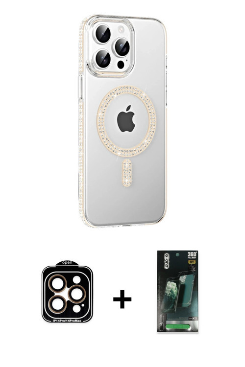 ieg™ iPhone 14 Pro Max Kılıf Yörünge Koleksiyonu - Şeffaf 360 Full Body Arka Koruyucu + Turuncu PVD