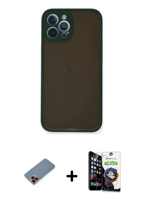 ieg™ iPhone 12 Pro Max Kılıf Ahenk Çizgi Serisi - Şeffaf Temperli Cam Ekran Koruyucu + Kırmızı Metal