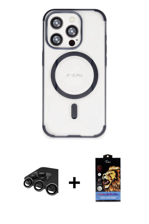ieg™ iPhone 15 Pro Kılıf Eksen Klasik Koleksiyonu - Siyah Buffer Hayalet Cam Ekran Koruyucu + Titany