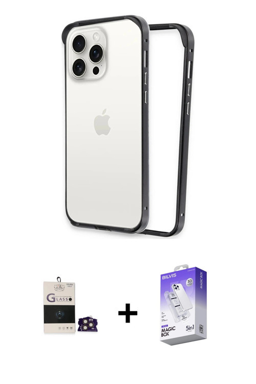 ieg™ iPhone 14 Pro Max Kılıf Pusula Asil Koleksiyonu - Siyah Bilvis 5in1 3D Magic Cam Ekran Koruyucu