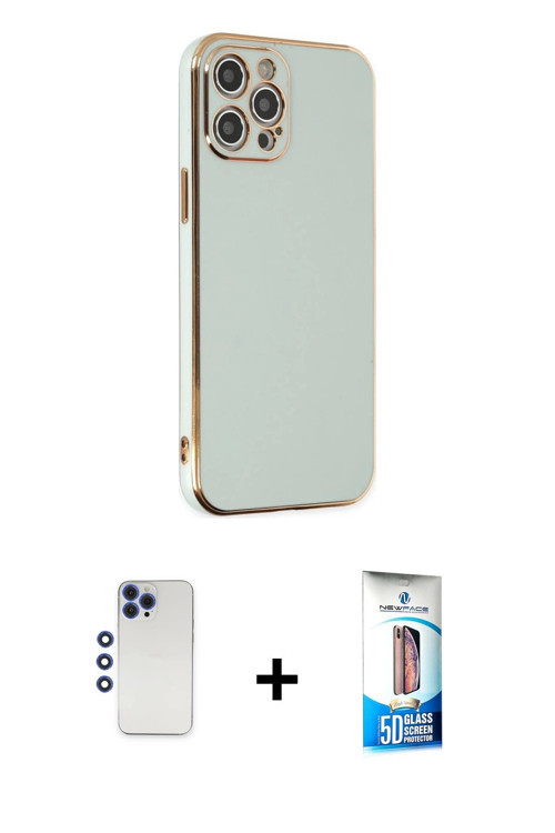 ieg™ iPhone 12 Pro Max Kılıf Yankı Serisi - Siyah 5D Eko Cam Ekran Koruyucu + Lacivert Shine Kamera