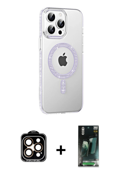 ieg™ iPhone 14 Pro Max Kılıf Yörünge Koleksiyonu - Şeffaf 360 Full Body Arka Koruyucu + Turuncu PVD