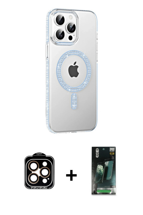 ieg™ iPhone 14 Pro Max Kılıf Yörünge Koleksiyonu - Şeffaf 360 Full Body Arka Koruyucu + Turuncu PVD