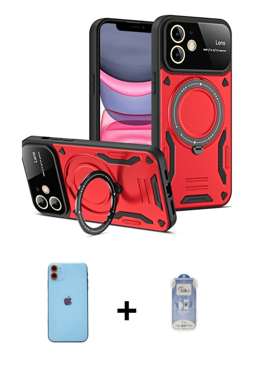 ieg™ iPhone 11 Kılıf Kıvılcım Modern Serisi - Siyah Joko Magic 5D Cam + Turuncu Neon Fosforlu Kamera