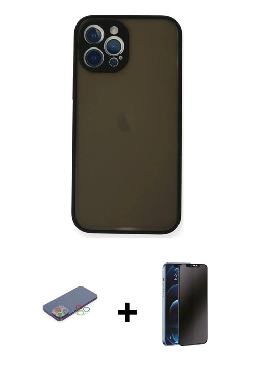 ieg™ iPhone 12 Pro Kılıf Ahenk Çizgi Serisi - Siyah 3D Antistatik Hayalet Cam Ekran Koruyucu + Mavi