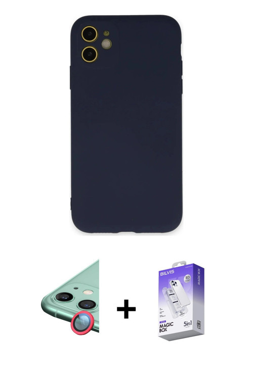 ieg™ iPhone 11 Kılıf Ahenk Serisi - Siyah Bilvis 5in1 3D Magic Cam Ekran Koruyucu + Kırmızı Raze Met