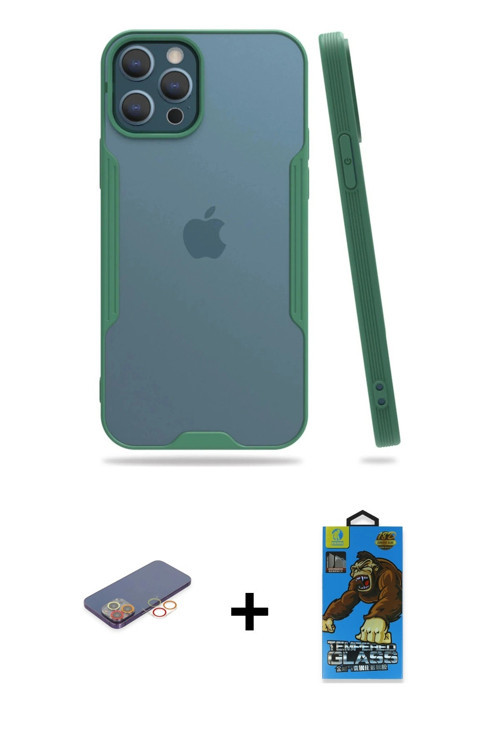ieg™ iPhone 12 Pro Max Kılıf Atlas Asil Serisi - Siyah 18D Cam Ekran Koruyucu + Turuncu Renkli Kamer
