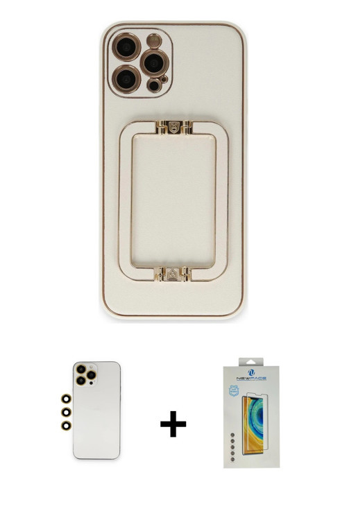 ieg™ iPhone 12 Pro Kılıf Kozmos Minimal Prime - Siyah Polymer Nano Ekran Koruyucu + Gold Shine Kamer