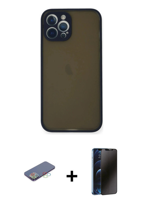 ieg™ iPhone 12 Pro Kılıf Ahenk Çizgi Serisi - Siyah 3D Antistatik Hayalet Cam Ekran Koruyucu + Mavi