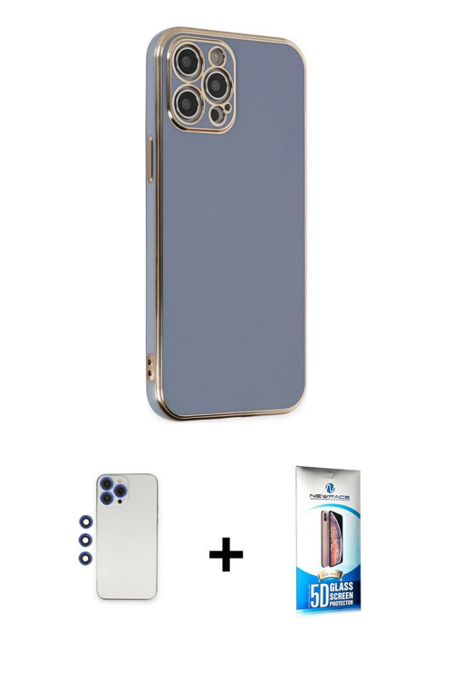 ieg™ iPhone 12 Pro Max Kılıf Yankı Serisi - Siyah 5D Eko Cam Ekran Koruyucu + Lacivert Shine Kamera