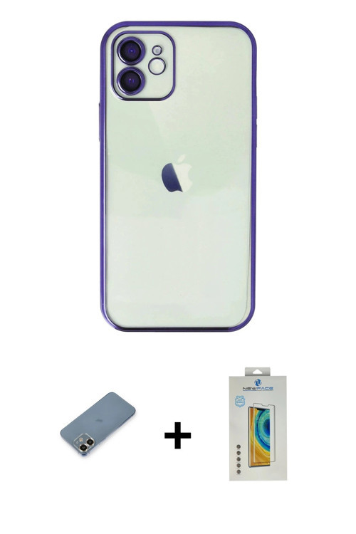 ieg™ iPhone 12 Kılıf Vadi Minimal - Siyah Polymer Nano Ekran Koruyucu + Gold Metal Kamera Lens Korum