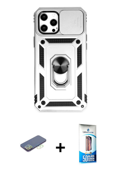 ieg™ iPhone 12 Pro Max Kılıf Ahenk Klasik - Siyah 5D Eko Cam Ekran Koruyucu + Yeşil Renkli Kamera Le