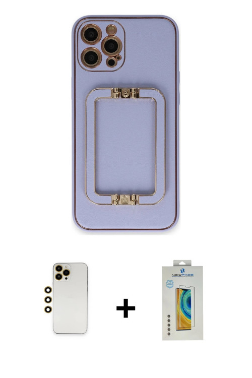 ieg™ iPhone 12 Pro Kılıf Kozmos Minimal Prime - Siyah Polymer Nano Ekran Koruyucu + Gold Shine Kamer