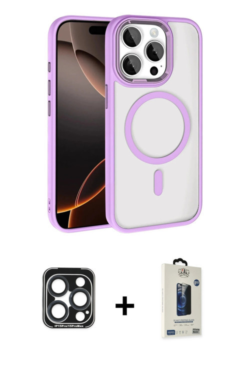 ieg™ iPhone 15 Pro Max Kılıf Kıvılcım Prime - Siyah Bilvis Hayalet Cam Ekran Koruyucu + Lacivert PVD