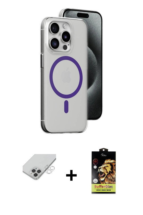 ieg™ iPhone 14 Pro Max Kılıf Odak Form Özel Seri - Siyah Buffer Cam Ekran Koruyucu + Gümüş Band Meta