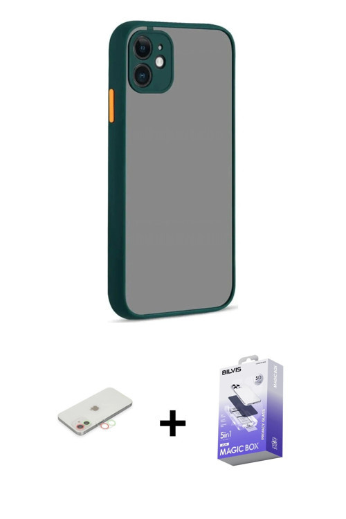 ieg™ iPhone 12 Kılıf Ahenk Çizgi Serisi - Siyah Bilvis 5in1 5D Magic Hayalet Cam Ekran Koruyucu + Ye