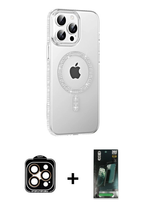 ieg™ iPhone 14 Pro Max Kılıf Yörünge Koleksiyonu - Şeffaf 360 Full Body Arka Koruyucu + Turuncu PVD
