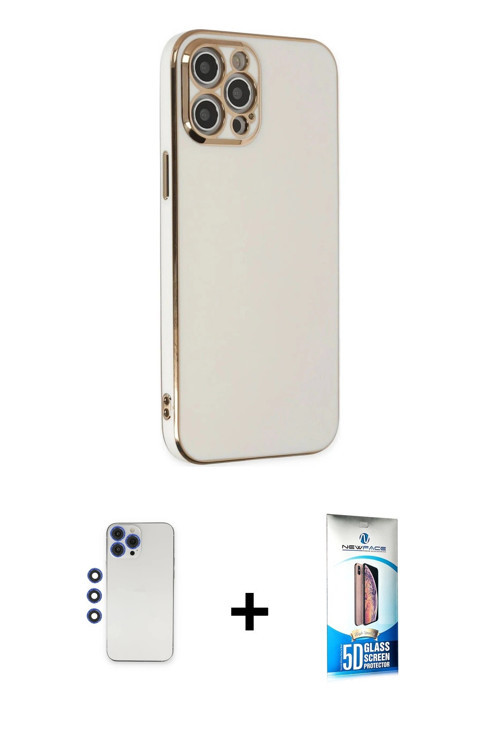 ieg™ iPhone 12 Pro Max Kılıf Yankı Serisi - Siyah 5D Eko Cam Ekran Koruyucu + Lacivert Shine Kamera