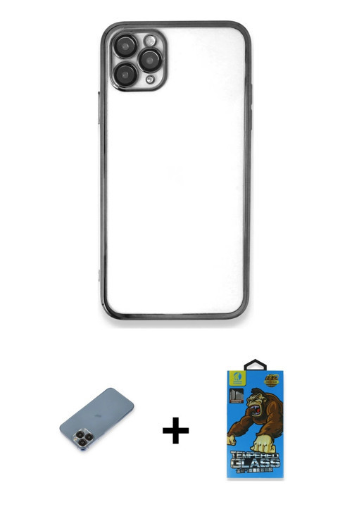 ieg™ iPhone 11 Pro Max Kılıf Vadi Minimal - Siyah 18D Cam Ekran Koruyucu + Siyah Metal Kamera Lens K