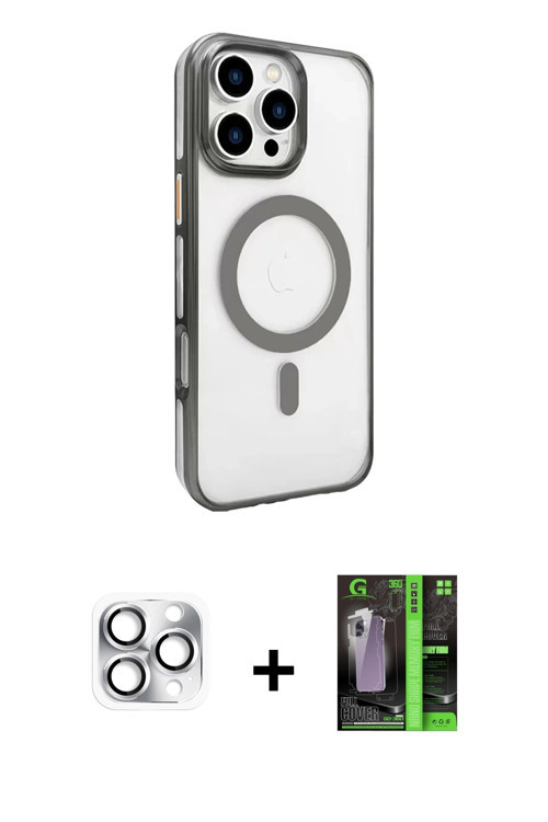ieg™ iPhone 16 Pro Max Kılıf Doruk Doku Özel Seri - Şeffaf 360 Full Body Arka Koruyucu + Gümüş Pers