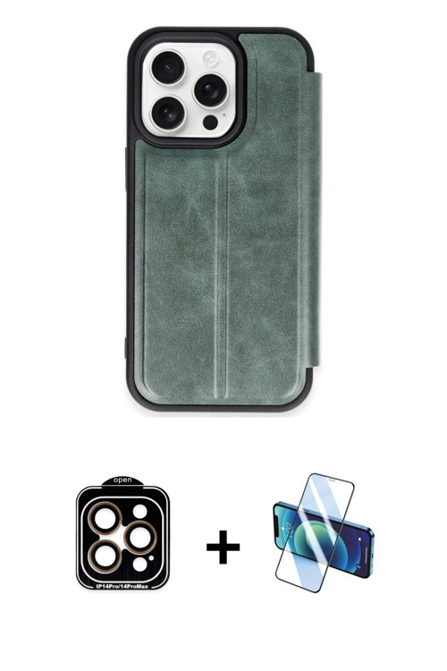 ieg™ iPhone 15 Pro Max Kılıf Zirve Yansıma Serisi - Siyah 3D Antistatik Cam Ekran Koruyucu + Turuncu