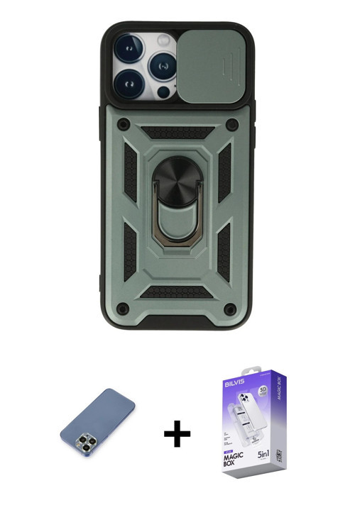 ieg™ iPhone 13 Pro Max Kılıf Ahenk Klasik - Siyah Bilvis 5in1 3D Magic Cam Ekran Koruyucu + Açık Yeş