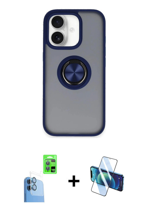 ieg™ iPhone 16 Kılıf Yörünge Çizgi - Siyah 3D Antistatik Seramik Nano Ekran Koruyucu + Lacivert Raze