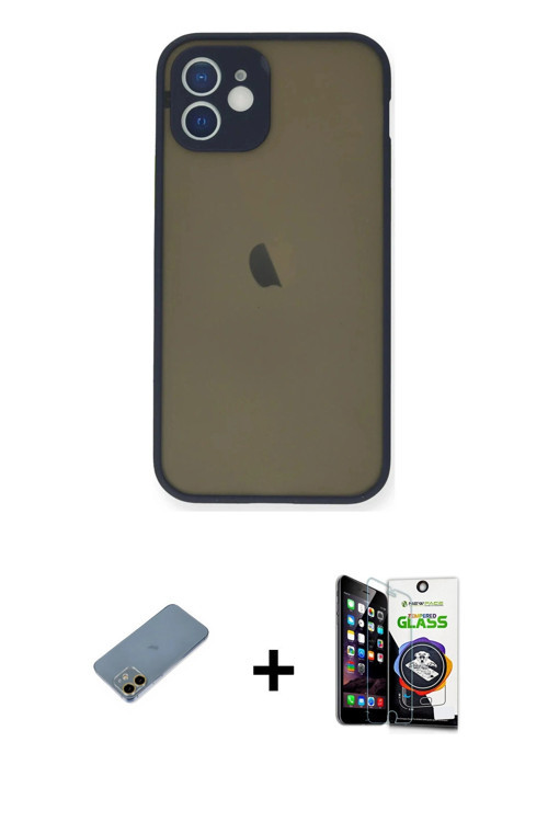 ieg™ iPhone 12 Mini Kılıf Ahenk Çizgi Serisi - Şeffaf Temperli Cam Ekran Koruyucu + Gold Shine Kamer