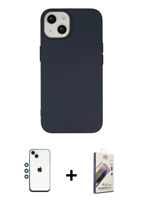 ieg™ iPhone 14 Kılıf Ahenk Serisi - Siyah Bilvis 3D Mat Cam Ekran Koruyucu + Mavi Shine Kamera Lens