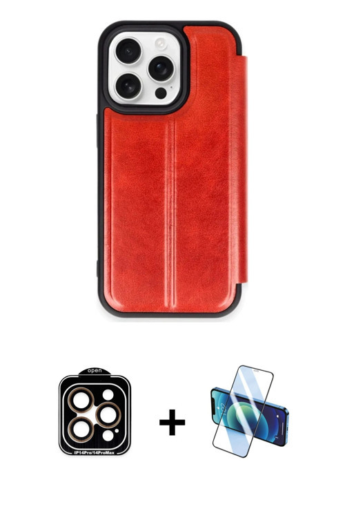 ieg™ iPhone 15 Pro Max Kılıf Zirve Yansıma Serisi - Siyah 3D Antistatik Cam Ekran Koruyucu + Turuncu