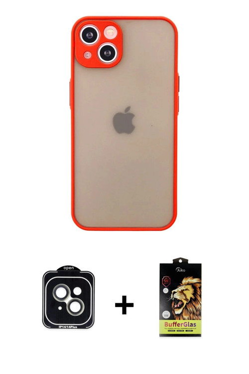 ieg™ iPhone 14 Kılıf Ahenk Çizgi Serisi - Siyah Buffer Cam Ekran Koruyucu + Yeşil PVD Metal Kamera L