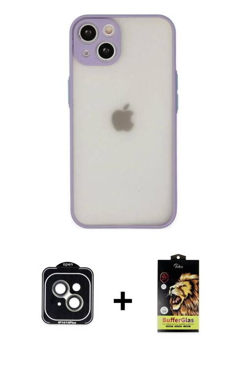 ieg™ iPhone 14 Kılıf Ahenk Çizgi Serisi - Siyah Buffer Cam Ekran Koruyucu + Yeşil PVD Metal Kamera L