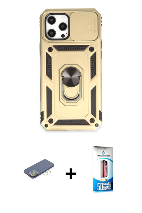 ieg™ iPhone 12 Pro Max Kılıf Ahenk Klasik - Siyah 5D Eko Cam Ekran Koruyucu + Yeşil Renkli Kamera Le