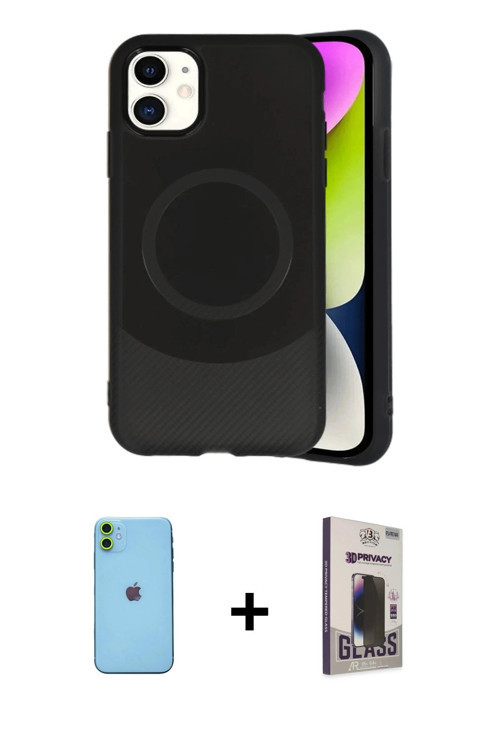 ieg™ iPhone 11 Kılıf Ufuk Serisi - Siyah Bilvis Hayalet Cam Ekran Koruyucu + Yeşil Neon Fosforlu Kam