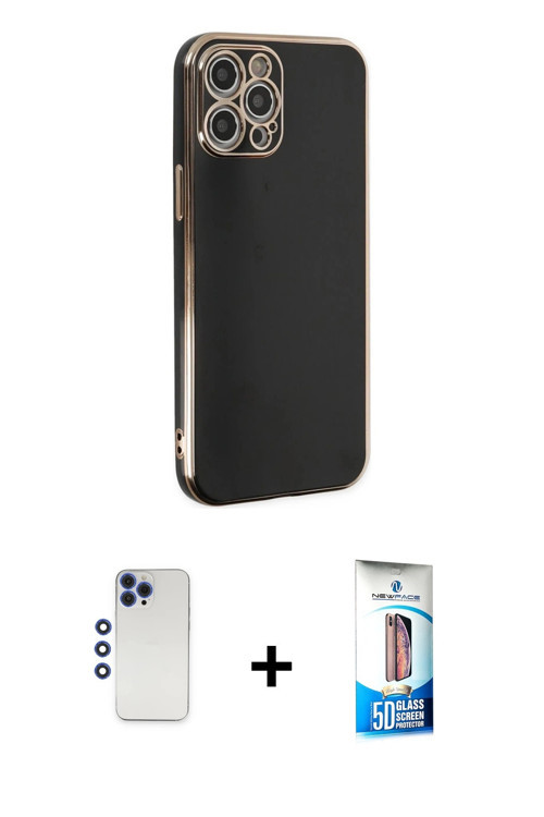 ieg™ iPhone 12 Pro Max Kılıf Yankı Serisi - Siyah 5D Eko Cam Ekran Koruyucu + Lacivert Shine Kamera