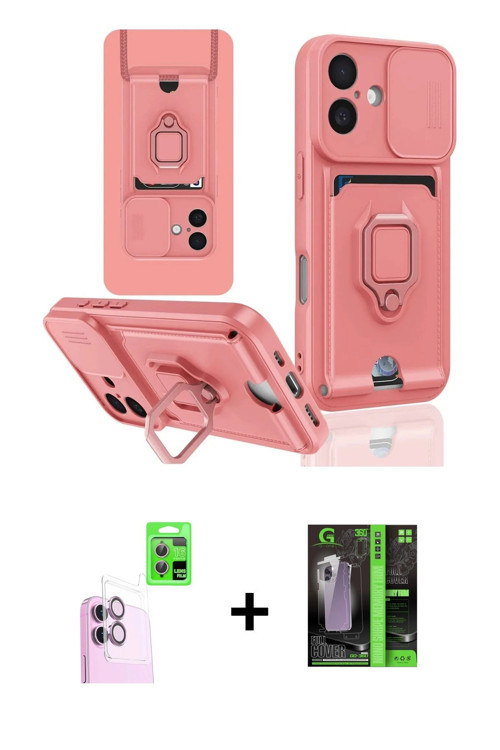 ieg™ iPhone 16 Kılıf Vadi Form Prime - Şeffaf 360 Full Body Arka Koruyucu + Pembe Raze Metal Kamera