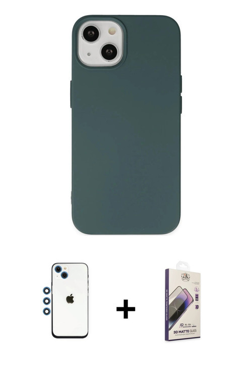 ieg™ iPhone 14 Kılıf Ahenk Serisi - Siyah Bilvis 3D Mat Cam Ekran Koruyucu + Mavi Shine Kamera Lens